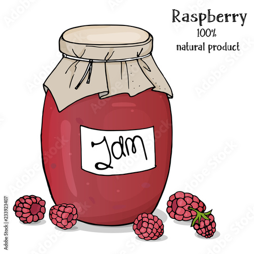 Jar of raspberry jam and fresh ripe raspberries on a white background. Colorful vector illustration in sketch style.