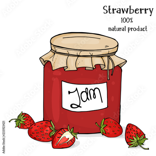 Jar of strawberry jam and fresh ripe strawberries on a white background. Colorful vector illustration in sketch style.