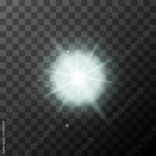 Realistic bright white sparkle with magic light rays on transparent background