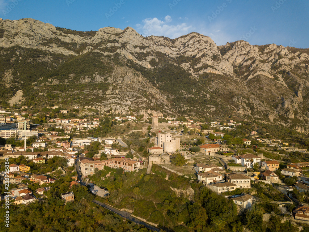 Aerial view of Kruja/Kruje and the mountains in the background (Albania)