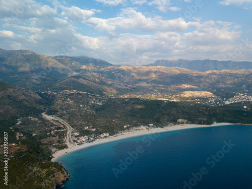 Aerial view of empty beach (Livadhi Beach) in Himara, Albania (Albanian Riviera)