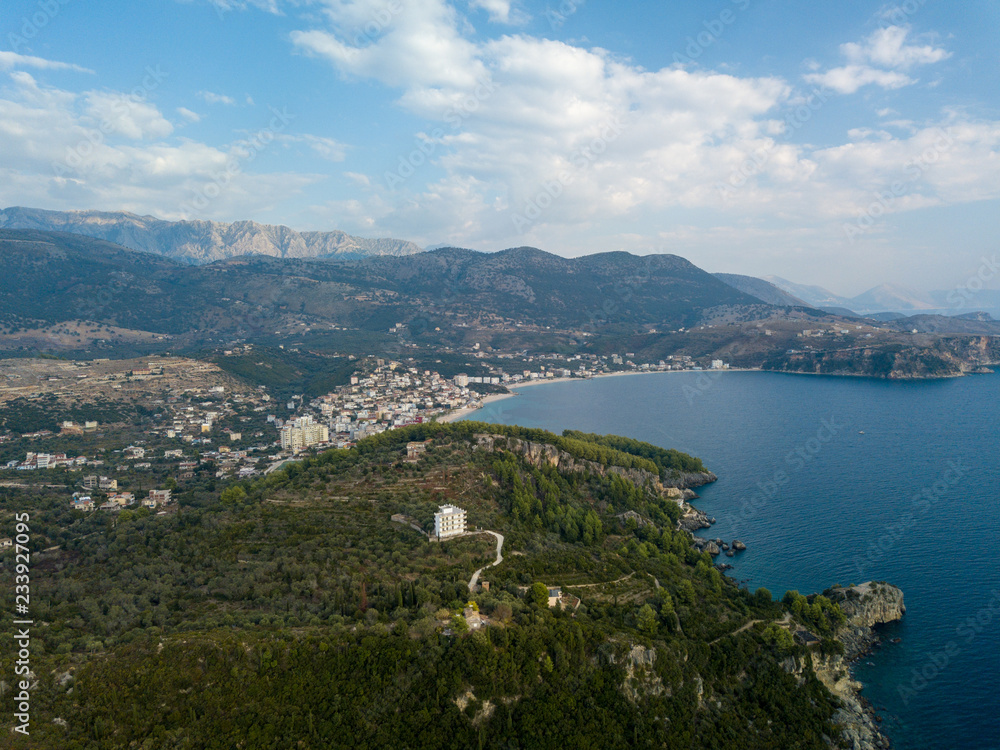 Aerial view of the town of Himara, Albania along the Albanian Riviera in autumn