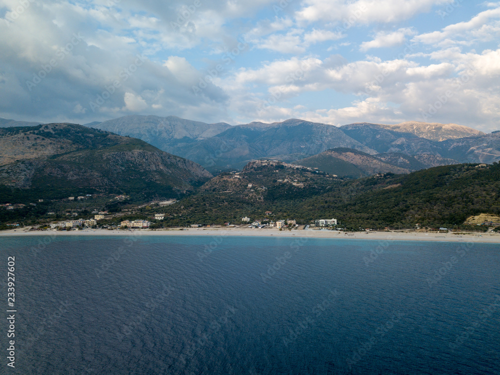Aerial view of the beautiful Livadhi Beach in Himara / Himare in Albania (Albanian Riviera)