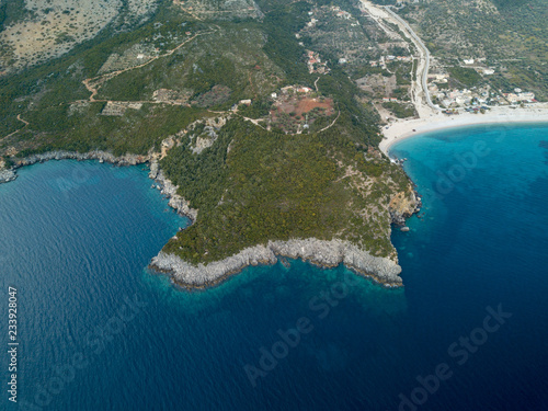 Aerial view of beaches in Himara, Albania. Beautiful beaches along the Albanian Riviera