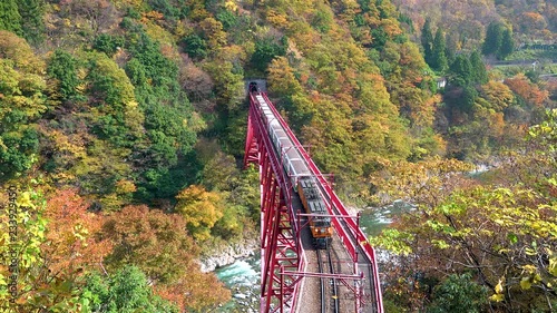 秋の黒部峡谷鉄道のトロッコ電車　日本の富山県黒部市宇奈月温泉