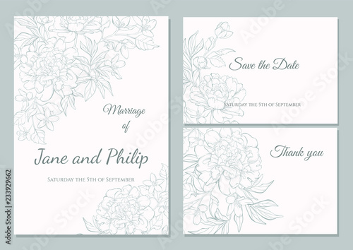 Wedding invitation card template design, bouquets of  peony  and tulip, vintage style. Card for Valentine's day, Mother's day.