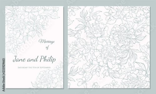 Wedding invitation card template design, bouquets of  peony  and tulip, vintage style. Card for Valentine's day, Mother's day.