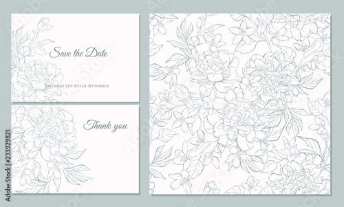 Wedding invitation card template design, bouquets of  peony  and tulip, vintage style. Card for Valentine's day, Mother's day.