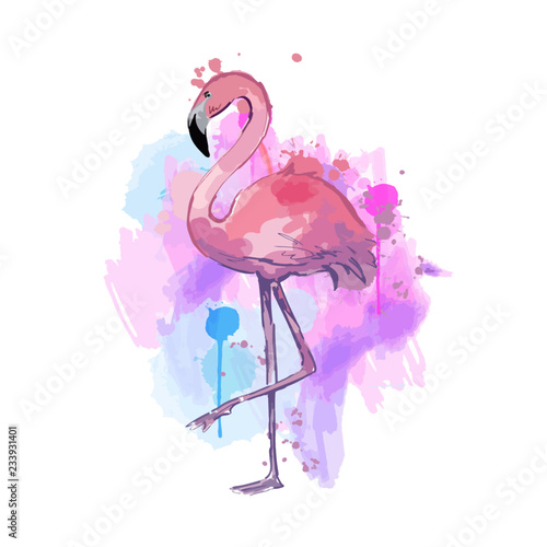 Pink watercolor flamingo. Beautiful vector illustration isolated on white background.