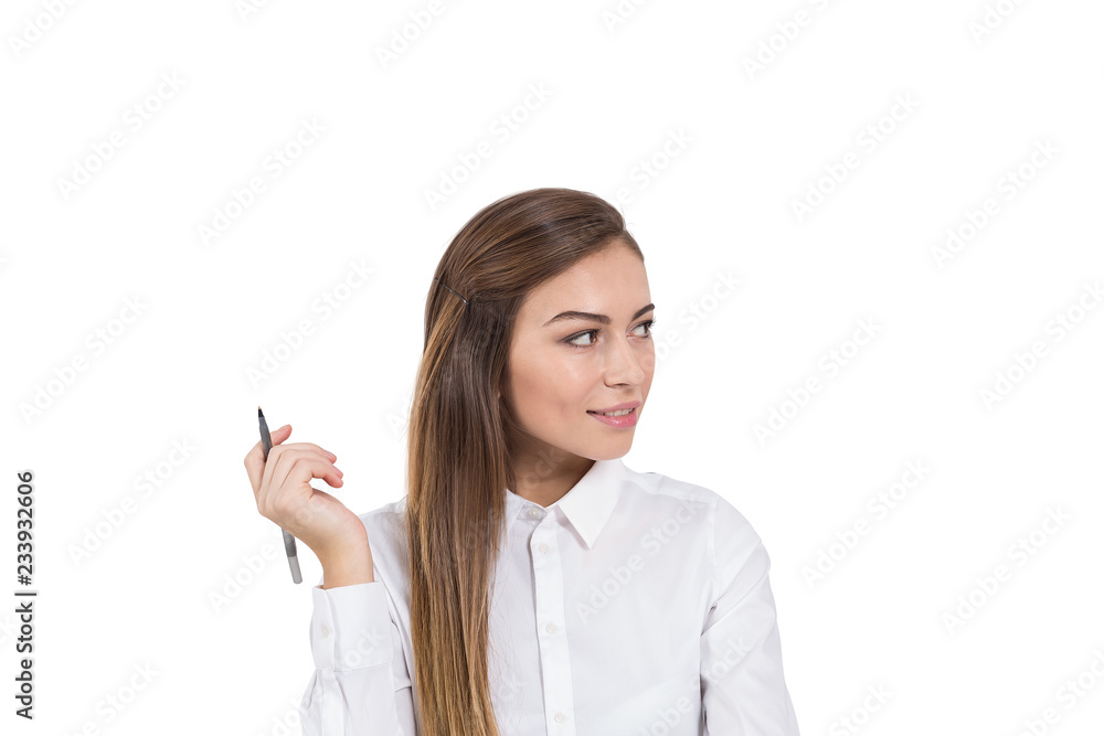 Cheerful young businesswoman with pen, isolated Cheerful young businesswoman with pen, isolated