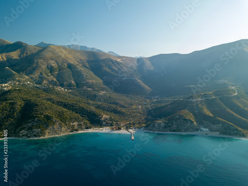 Aerial view of Bunec Beach in Piqeras, Albania near Saranda, Albanian Rivieria