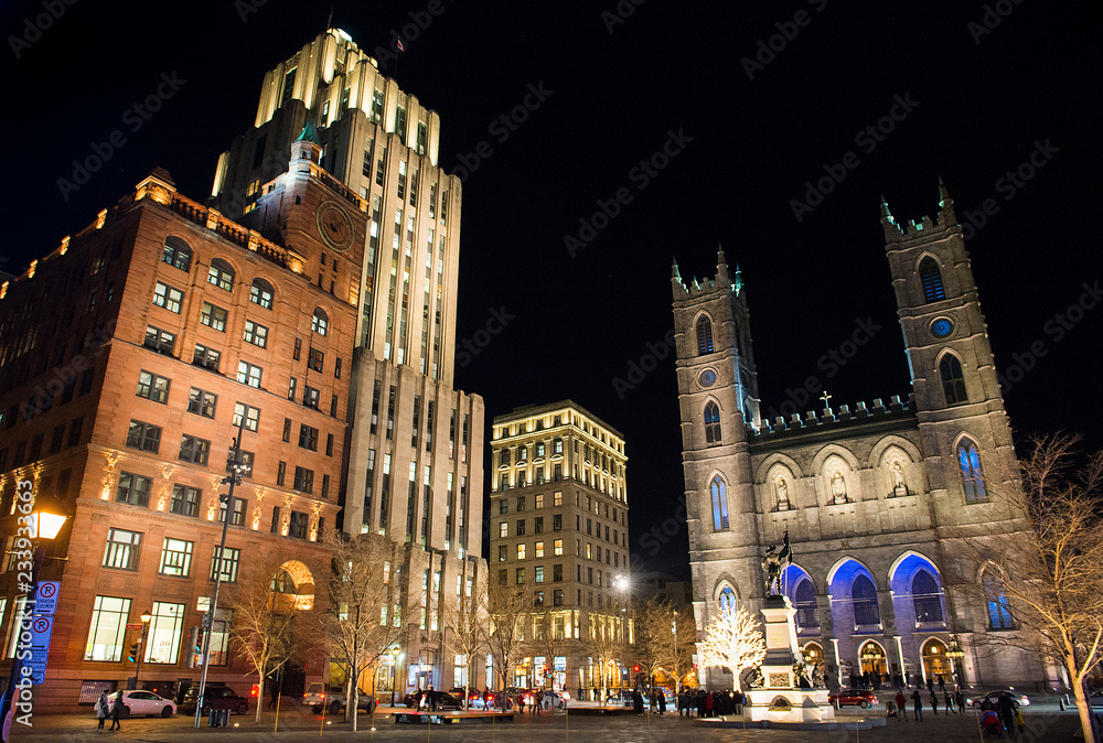 Place D'Armes square and the Notre-Dame Basilica are shown in Old Montreal