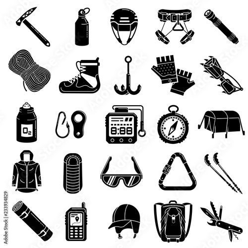 Mountaineering equipment icon set. Simple set of mountaineering equipment vector icons for web design on white background