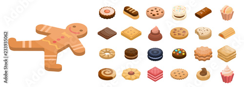 Cookies icon set. Isometric set of cookies vector icons for web design isolated on white background