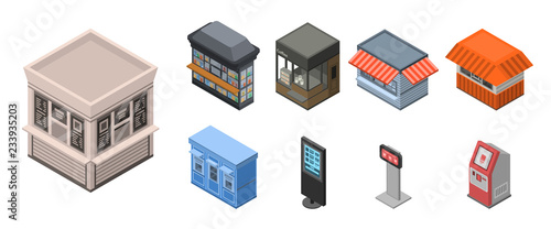 Street shop kiosk icon set. Isometric set of street shop kiosk vector icons for web design isolated on white background