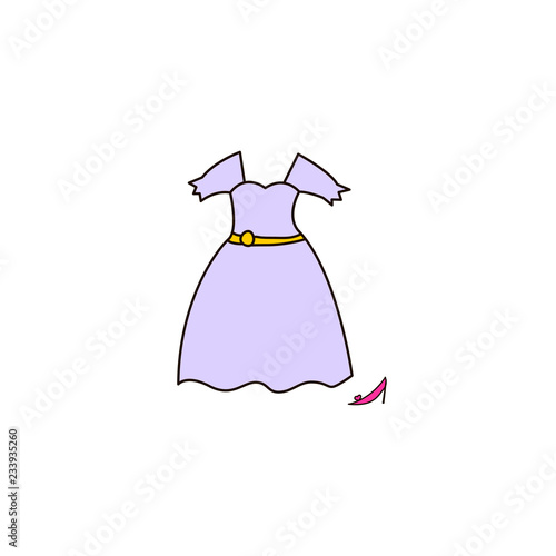 Hand drawn colorful princess dress and small shoe in doodle style. Vector illustration. Suitable for posters, greeting cards and templates.