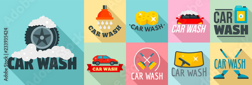Car wash logo set. Flat set of car wash vector logo for web design
