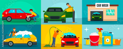 Car wash cleaning banner set. Flat illustration of car wash cleaning vector banner set for web design