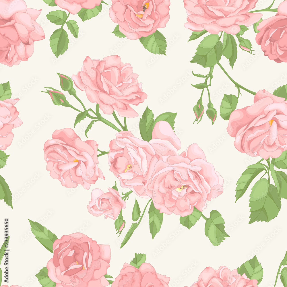 Vintage seamless pattern with blossoming roses flowers. Vector illustration. Pastel colours.
