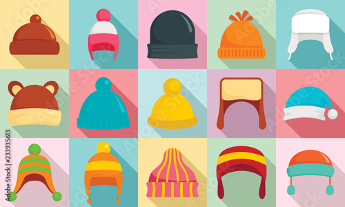 Winter headwear icon set. Flat set of winter headwear vector icons for web design