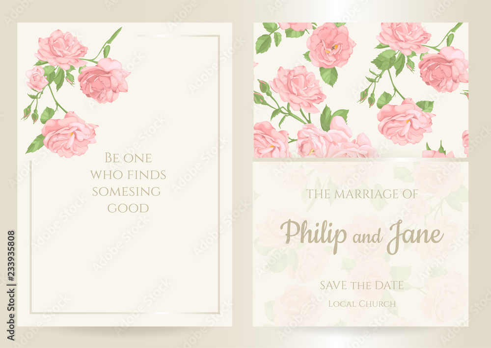 Floral wedding invitation card template design, bouquets of  rose and leaves with rectangle frame on white background, card for valentine's day, mother's day, vintage style. Seamless pattern included.