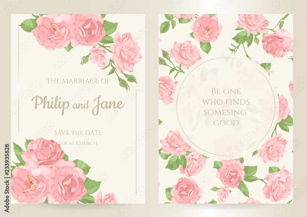 Floral wedding invitation card template design, bouquets of rose and leaves with rectangle frame on white background, card for valentine's day, mother's day, vintage style. Seamless pattern included. Floral wedding invitation card template design, bouquets of rose and leaves with rectangle frame on white background, card for valentine's day, mother's day, vintage style. Seamless pattern included.