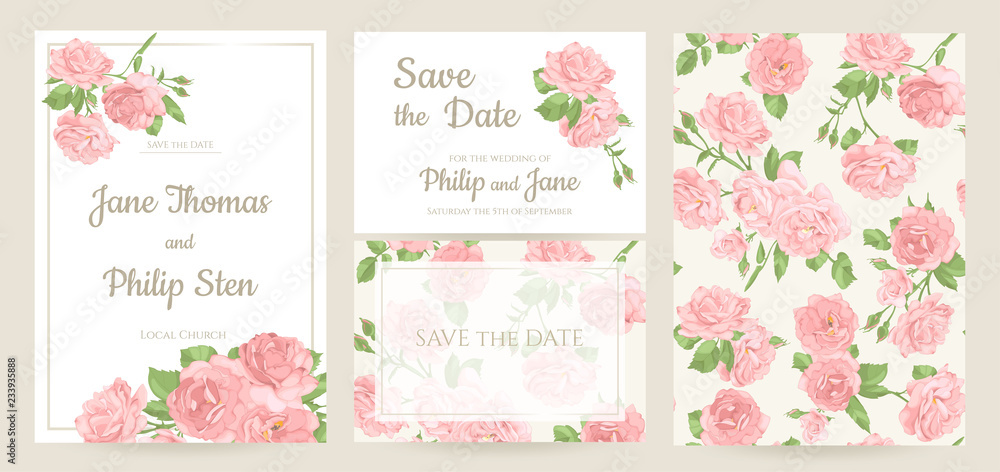 Wedding invitation card template design, bouquets of  roses and leaves with rectangle frame on white background, vintage style.  Seamless pattern included.