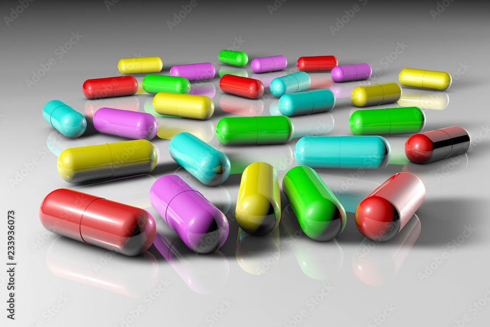 Medicinal capsule pills. Pharmacy drugstore. Antibiotic capsules. Probiotic capsules. Vitamin and mineral complex. Pharmaceutical industry concept. 3d illustration Medicinal capsule pills. Pharmacy drugstore. Antibiotic capsules. Probiotic capsules. Vitamin and mineral complex. Pharmaceutical industry concept. 3d illustration