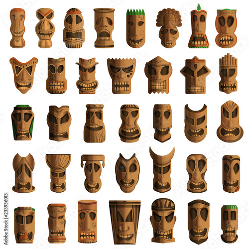 Tiki idols icon set. Cartoon set of tiki idols vector icons for web design
