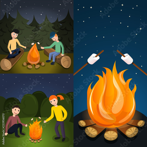 Campfire marshmallow banner set. Cartoon illustration of campfire marshmallow vector banner set for web design