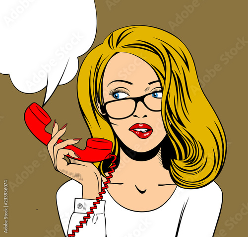Blonde woman in glasses with a red retro phonein in her hand