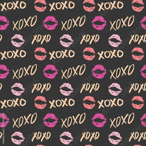 XOXO brush lettering signs seamless pattern, Grunge calligraphic hugs and kisses Phrase, Internet slang abbreviation XOXO symbols, vector illustration isolated on white background