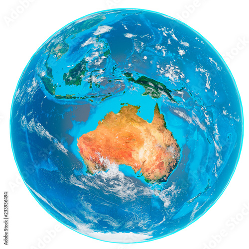 3d illustration of our planet Earth without shadows covered by clouds isolated on white background. Scenic view of Australia continent from space. Elements of this image furnished by NASA.