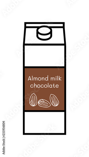 Vector line icon of flavored vegan chocolate almond milk isolated on a white background. Plant based non dairy alternative. Carton box with screw cap and with label with illustration of almonds.