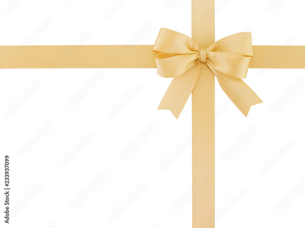 gold beige ribbon bow isolated on white, simple ribbon cross shape border  Stock Photo