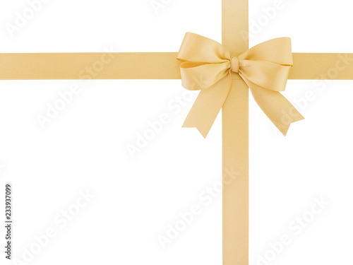 gold beige ribbon bow isolated on white, simple ribbon cross shape border