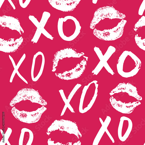 XOXO brush lettering signs seamless pattern, Grunge calligraphic hugs and kisses Phrase, Internet slang abbreviation XOXO symbols, vector illustration isolated on white background