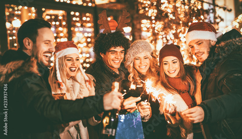 Friends With Sparklers At The New Year Party