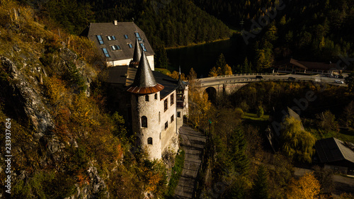 castle fernstein tyrol austria, drone photography of an old castle in Fernstein Austria, old castle on a hill, arial view on a castle, historical building photo