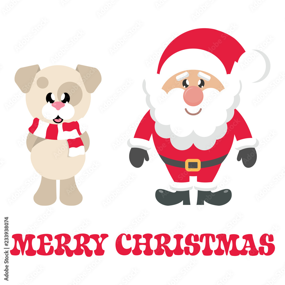 winter christmas dog with scarf and santa claus and christmas text winter christmas dog with scarf and santa claus and christmas text