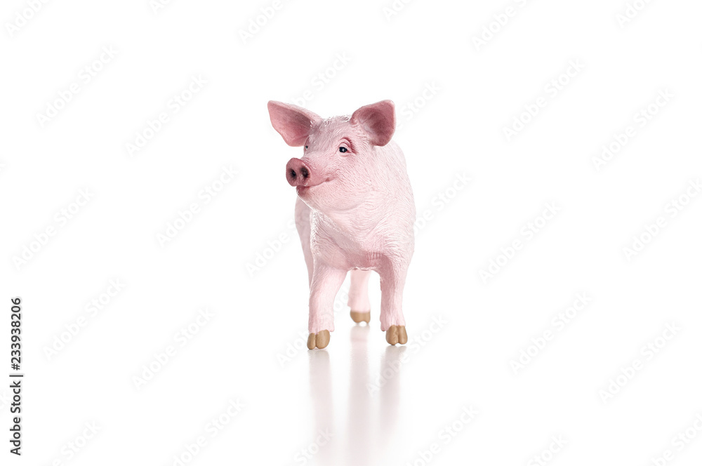 Plastic toy figurine of a pig isolated on a white background. The symbol of the New Year in 2019