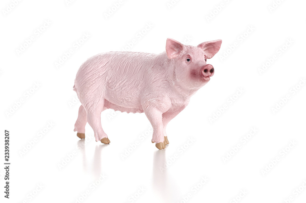 Plastic toy figurine of a pig isolated on a white background. The symbol of the New Year in 2019