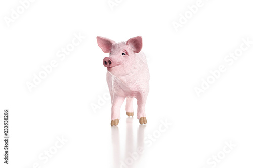 Plastic toy figurine of a pig isolated on a white background. The symbol of the New Year in 2019
