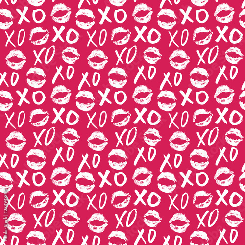 XOXO brush lettering signs seamless pattern, Grunge calligraphic hugs and kisses Phrase, Internet slang abbreviation XOXO symbols, vector illustration isolated on white background