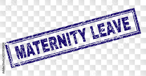 MATERNITY LEAVE stamp seal imprint with rubber print style and double framed rectangle shape. Stamp is placed on a transparent background.