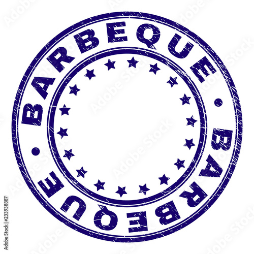 BARBEQUE stamp seal watermark with grunge texture. Designed with circles and stars. Blue vector rubber print of BARBEQUE title with dust texture.