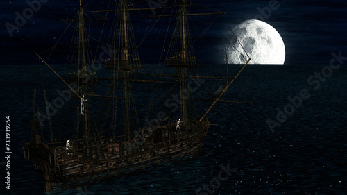Skeletons in a ghost boat by night time