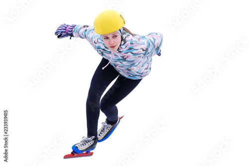 Fotografie Speed skating young girl isolated on white