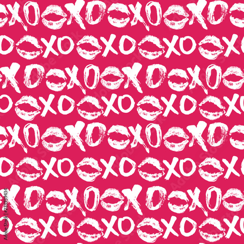 XOXO brush lettering signs seamless pattern, Grunge calligraphic hugs and kisses Phrase, Internet slang abbreviation XOXO symbols, vector illustration isolated on white background