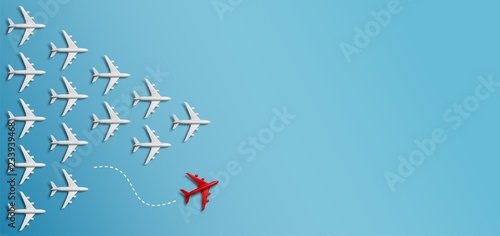 Schilderij op canvas Grupo de aviones en una dirección y un avión rojo apuntando de manera diferente sobre fondo azul